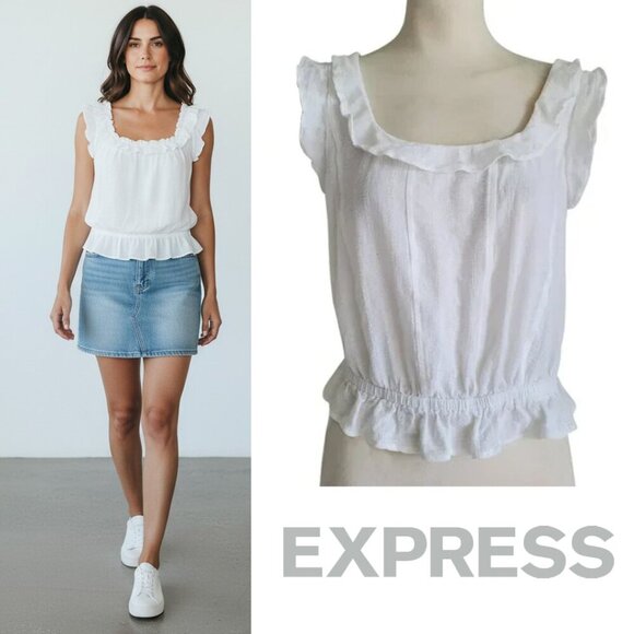 Express Milkmaid Cottagecore Ruffled Sleeveless Peplum Feminine Top 100% Cotton - Picture 1 of 14